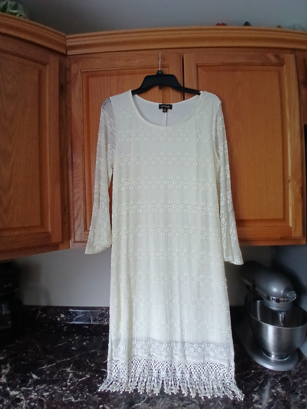 Ivory Lace Maxi Dress with Fringe Trim